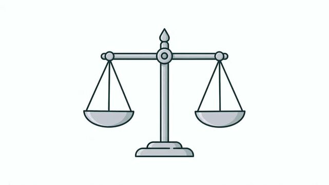 A grey metallic icon of a balance scale depicting justice or legal themes with a minimalist flat design style on a clean white background
