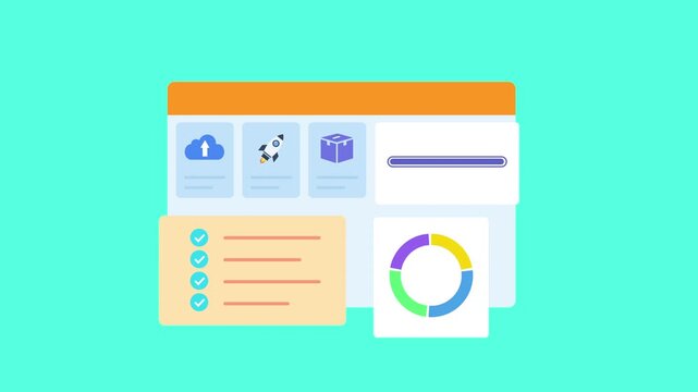 Flat vector animated cloud analytics dashboard featuring cloud services, package delivery, donut chart, task management, and workflow interface. Ideal for business, technology, and motion graphics pro