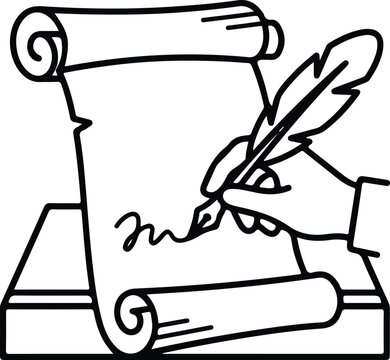 Quill Signing Scroll Contract Line Art Vector Icon