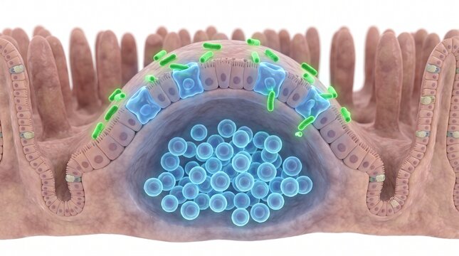 3D Microscopic Diagram of Reduced Peyer's Patch Immune Activity in the Intestine