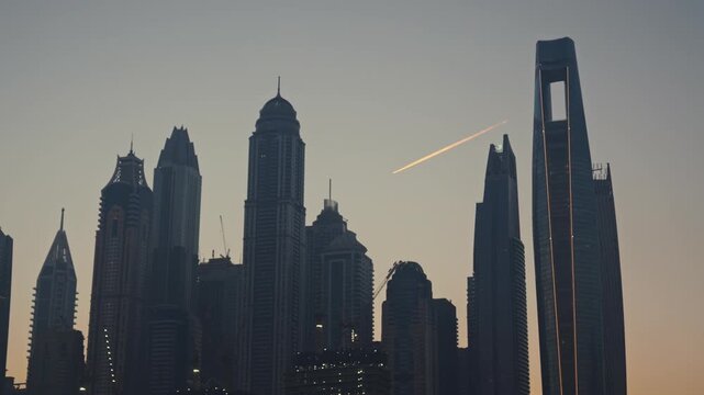 A close-up shot of Dubai Marina's high-rise towers glowing in warm golden hour light during early morning, with a jet aircraft passing through the frame overhead.