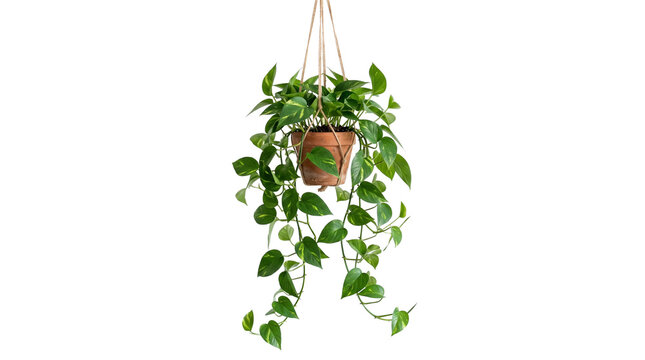Lush green pothos hanging plant in terracotta pot, trailing devil's ivy indoor houseplant, bohemian home decor greenery with natural jute rope isolated PNG with Transparent Background
