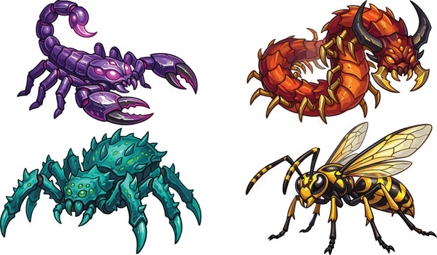 Fantasy Monster Bug Vector Set with Creepy Purple Scorpion Red Centipede Spiky Turquoise Spider and Sting Wasp for Game Graphic Designs