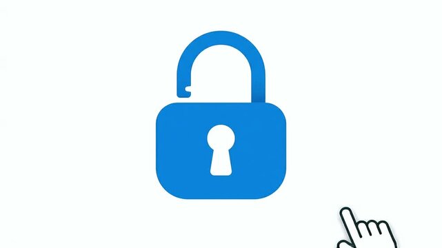 A digital graphic animation of a hand cursor clicking on a blue padlock icon which then opens to reveal an unlocked security state