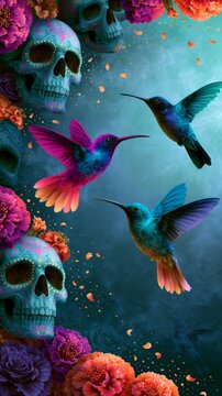 Colorful Hummingbirds Flying Beside Floral Calaveras