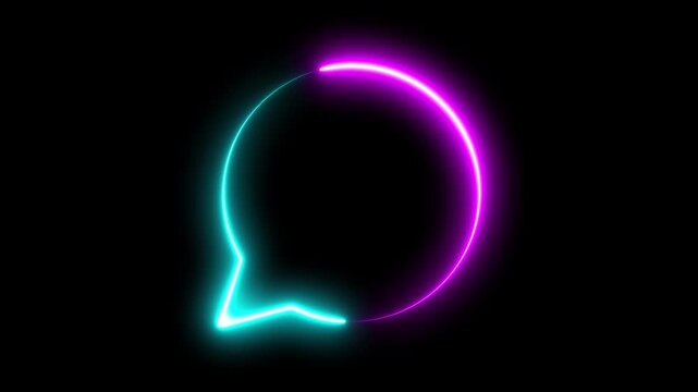 Glowing neon cyan and pink speech bubble icon animation on black background