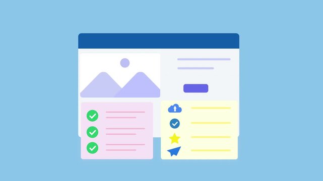 Flat vector animated business report dashboard featuring analytics, checklist, image preview, task status, and workflow interface. Ideal for reporting, productivity, and technology motion graphics.