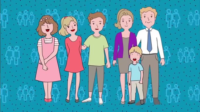 2D animation portrait of a large multi-generational family standing together cheerfully blue textured background