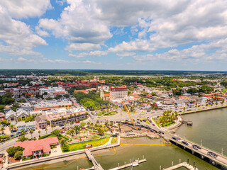 Fototapeta premium Aerial View of Historic Downtown St. Augustine, Florida Along Matanzas Bay on a Sunny Summer Day
