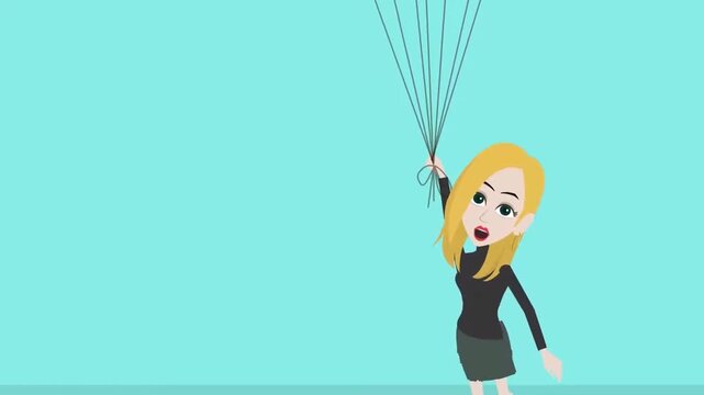 2D animation of a happy blonde woman flying holding colorful balloons sky light blue background freedom concept