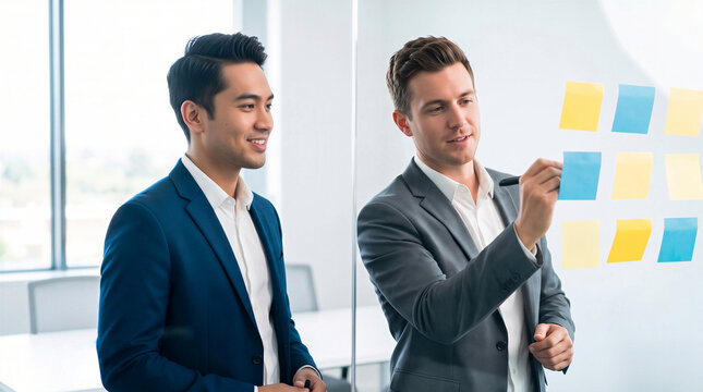 Two businessmen brainstorming ideas using colorful sticky notes on a glass board in a modern corporate office