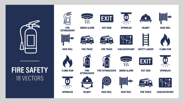 Fire safety and emergency equipment vector icon set featuring extinguisher alarm exit sign hydrant and truck symbols