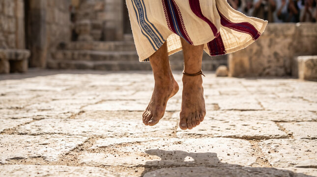King David dancing joyfully with all his might as the Ark of the Covenant is brought into the city of Jerusalem