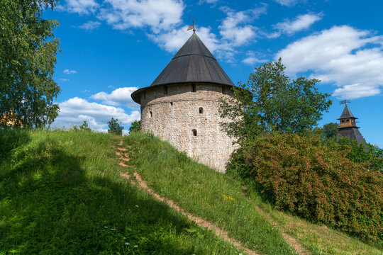 Tailovskaya Tower of the Holy Dormition Pskov-Pechersk Monastery on a sunny summer day, Pechory, Pskov region, Russia