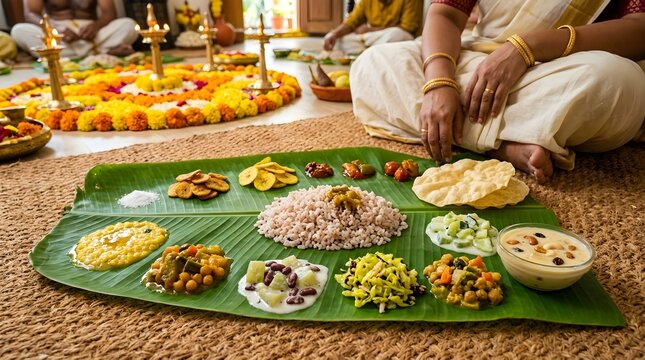 Traditional onam sadya feast served on a banana leaf