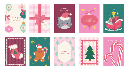 Obraz premium Christmas and Happy holiday greeting card vector set. Elegant wallpaper with geometric Christmas elements and pattern . Holidays design illustration for cover, print, poster, Happy New Year, ads.