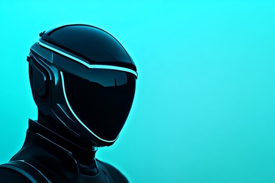 Mysterious figure in futuristic mask against a gradient blue backdrop