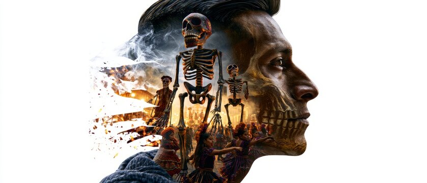 Young Man Blended With Skeleton Parade and Dancers
