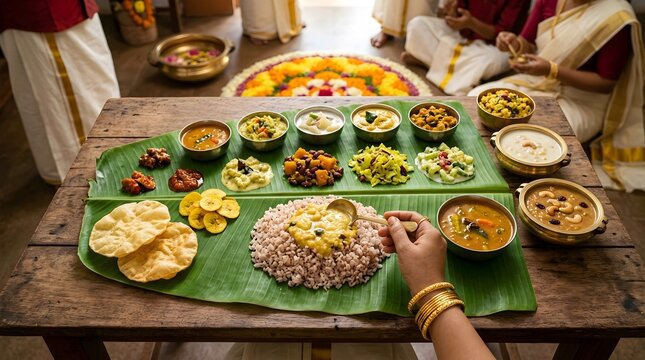 Traditional south indian sadya feast served on a banana leaf
