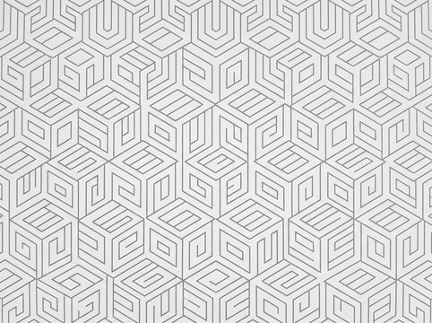 Abstract geometric seamless pattern with 3d cube shapes and maze lines