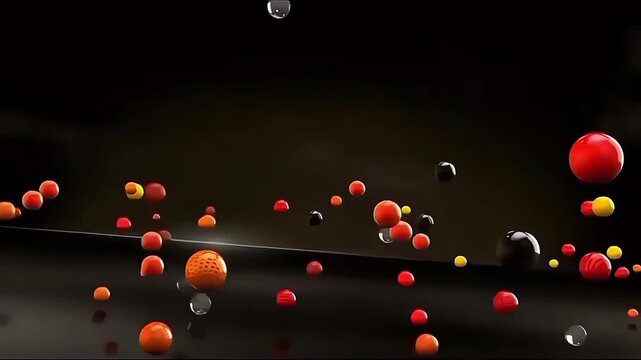 Abstract 3D Colorful Spheres Animation, Glossy Bouncing Balls, Particle Effects, Cinematic Logo Reveal, Dark Background, Motion Graphics, Futuristic Technology Intro, 4K