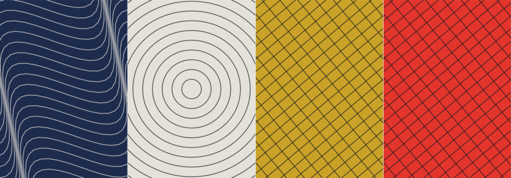 Abstract design with vertical stripes in red and yellow next to a solid dark purple block and a light grey textured area with a soft diamond pattern for backgrounds