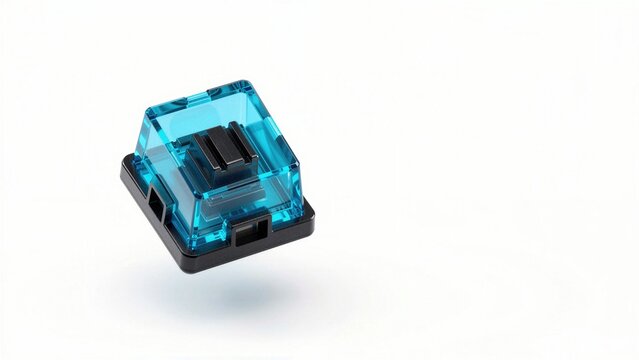 Blue transparent mechanical keyboard switch floating on white background