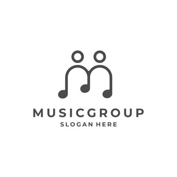 Music Group Logo Template Combining Letter M Musical Notes and People Line Art Design