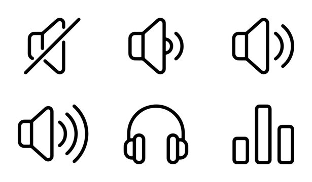 Audio Icons Set, Volume Control Symbols, Mute Speaker, Sound Waves, Headphones, Equalizer Bars, Vector Graphics for UI Design and Multimedia Applications