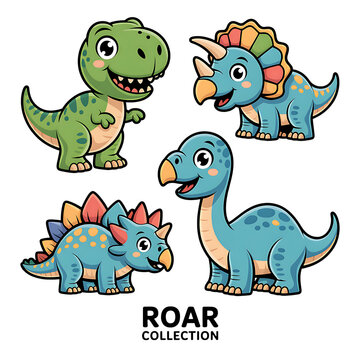 Set of cute cartoon dinosaurs including t rex triceratops and brontosaurus isolated on transparent background