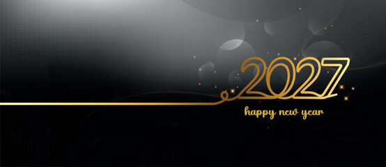 2027 Happy New Year elegant dark background with golden line animation, Modern 2027 holiday greeting intro with luxury gold typography and glow © craft_art