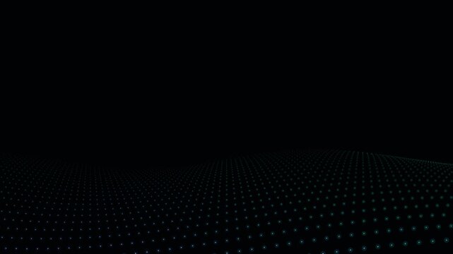 Minimalist animated field of glowing light dots moving in ocean waves a dark