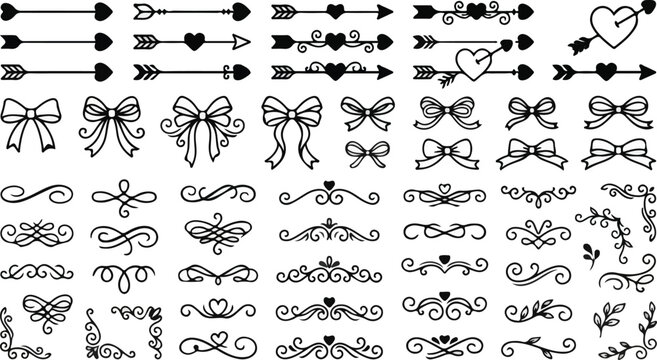 Valentine heart arrows bows ribbons and flourish ornament set vector