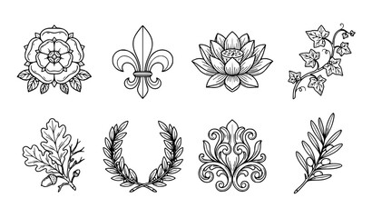 Traditional Heraldic and Floral Ornaments Line Art Icon Set Featuring Fleur De Lis Laurel Wreath Lotus and Tudor Rose for Luxury Graphic Design Projects © MdRabbi