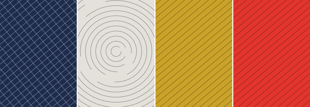 Abstract design with four vertical sections featuring blue grid, white circles, gold dots, and solid red color patterns