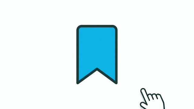 A digital graphic animation of a mouse cursor clicking on a bookmark icon that fills up with blue color against a clean white background