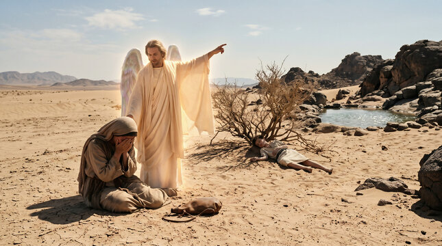 An angel appearing to Hagar, an outcast weeping in the harsh desert, to reveal a hidden well of life-saving water