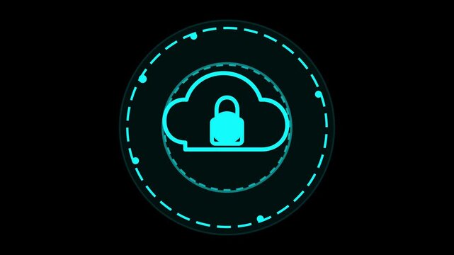 Glowing neon cloud security icon inside a futuristic digital circular interface with cyber data protection concepts