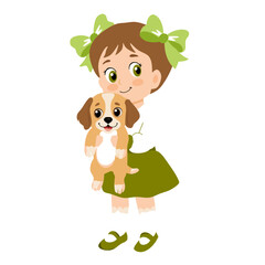 Obraz premium Cute little girl holding a puppy, cartoon illustration.