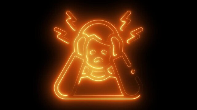 Glowing orange neon headache and mental stress icon animation loop on black background
