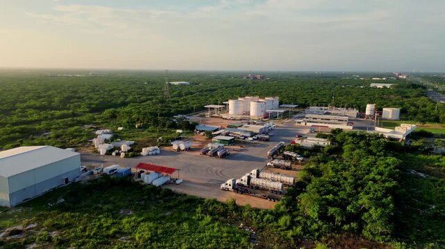 Merida, Yucatan, Mexico - 09 July 2026: Aerial view of petrochemical factory with storage tanks and tanker trucks surrounded by lush green forest.