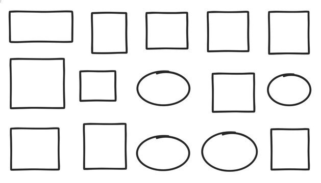 Set of fourteen hand-drawn black frames including rectangles, squares, and ovals in an organic sketchy style.