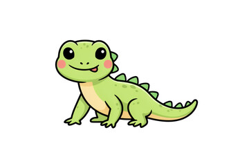 Fototapeta premium Friendly cartoon green lizard character with large black eyes and pink cheeks, standing in profile, isolated on a white background