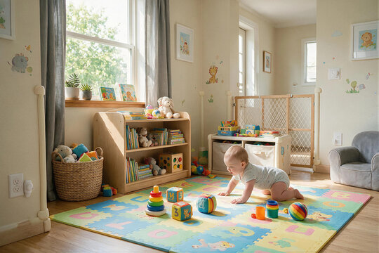 Cute baby crawling on a colorful play mat in a bright home nursery filled with educational toys