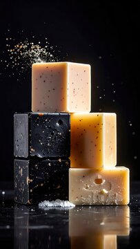 Stacked Cheese Blocks On Dark Surface With Subtle Splash.