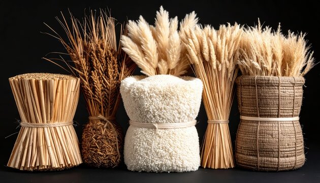 Still life of grain bundles wheat barley and rice.