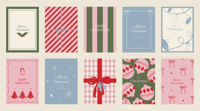 Christmas and Happy holiday greeting card vector set. Elegant wallpaper with geometric Christmas elements and pattern . Holidays design illustration for cover, print, poster, Happy New Year, ads.