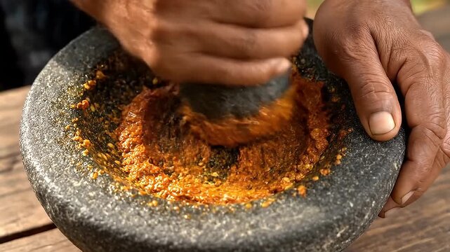 Hands grinding various spices in stone mortar and pestle