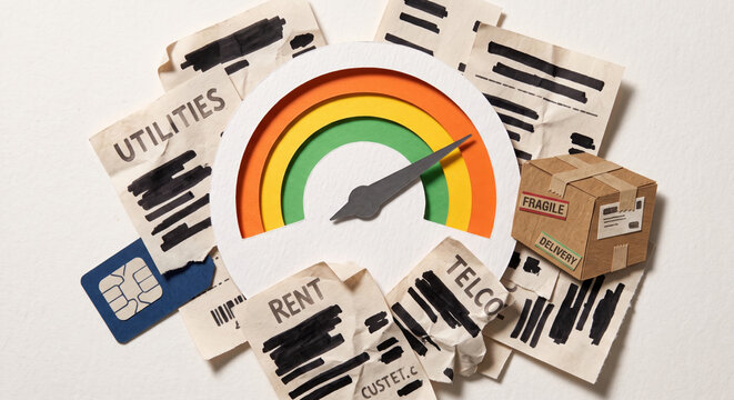 Utility bills collage: rent payments, utility bills, bank transactions build thin‑file borrowers credit scorecard, IFRS 9.