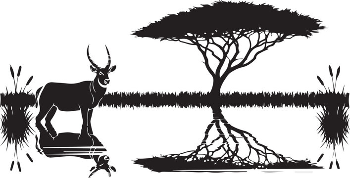 Black and white of a deer standing in a forest with a tree and a bird